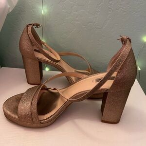 Alex Marie Elegant Gold Glitter Block Heel Sandals